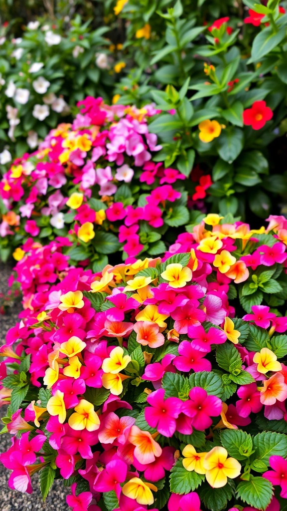 Colorful vinca flowers in pink, yellow, and white blooming in a garden.