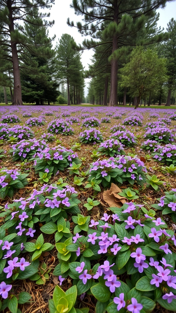 A field of purple Vinca minor flowers growing under tall pine trees.