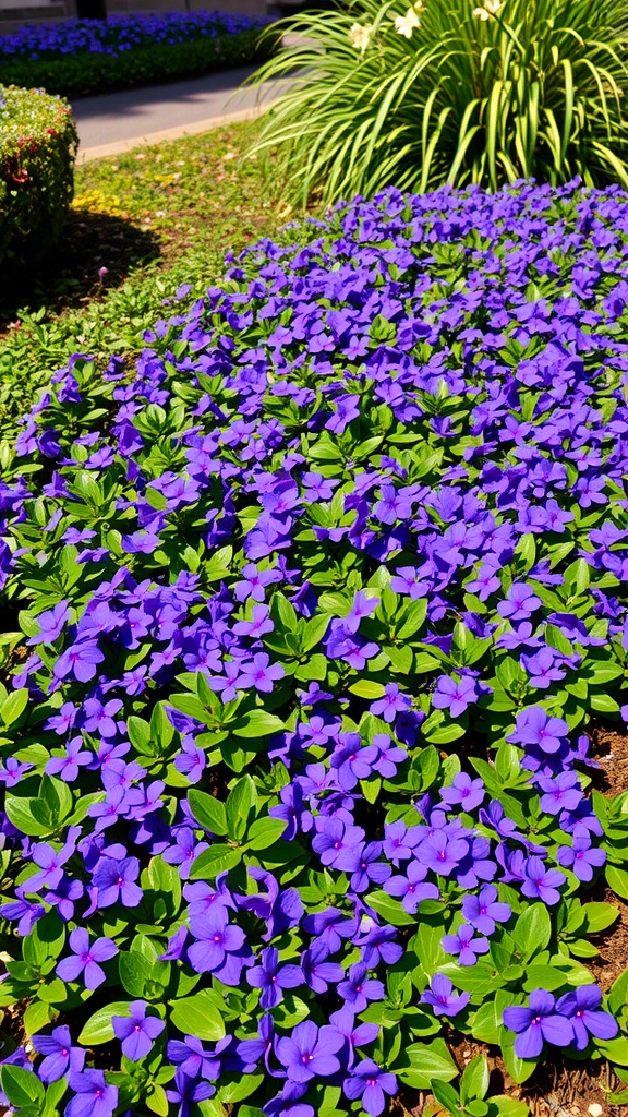 Vinca Minor (Periwinkle) ground cover with vibrant purple flowers