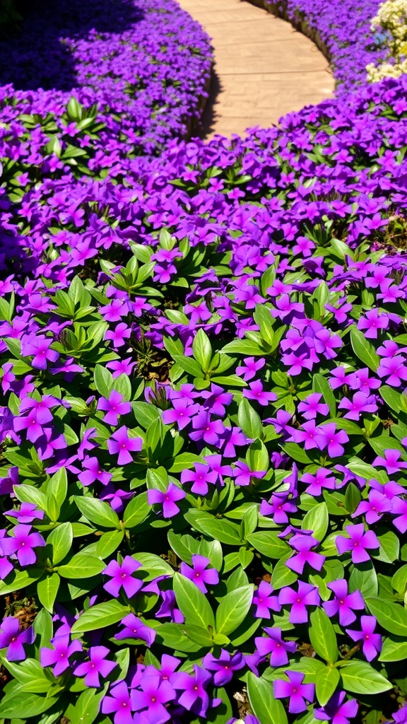 A pathway lined with vibrant purple flowers and green leaves of Vinca Minor (Periwinkle).