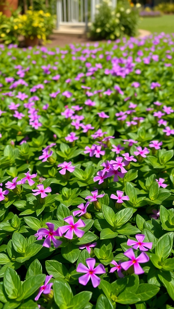 A lush garden filled with blooming purple Vinca Minor flowers surrounded by green leaves.