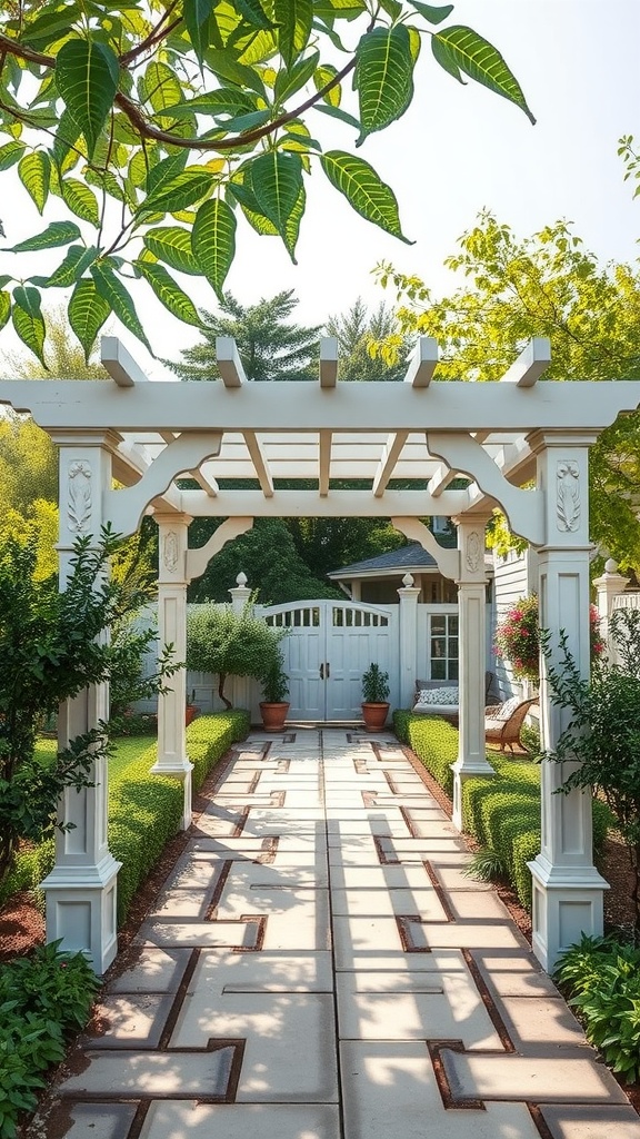 A vintage-inspired pergola with decorative elements in a garden path.