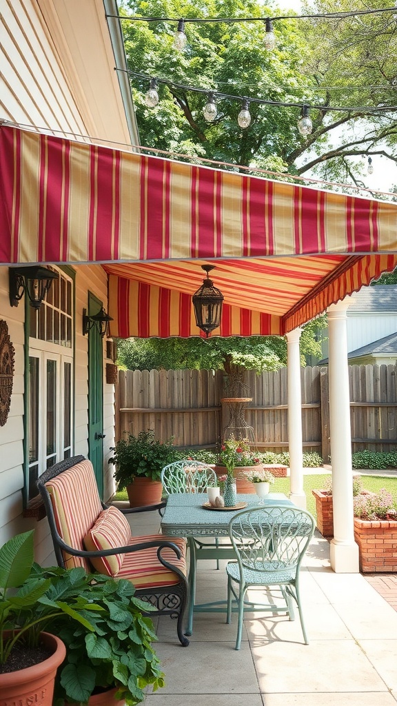 A vintage striped awning over a patio with a dining table and chairs, surrounded by plants and outdoor lights.