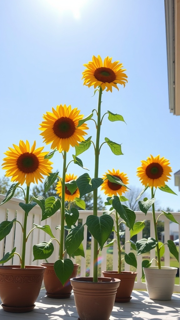 A sunny porch adorned with tall sunflowers in pots, brightening the space under a clear blue sky.