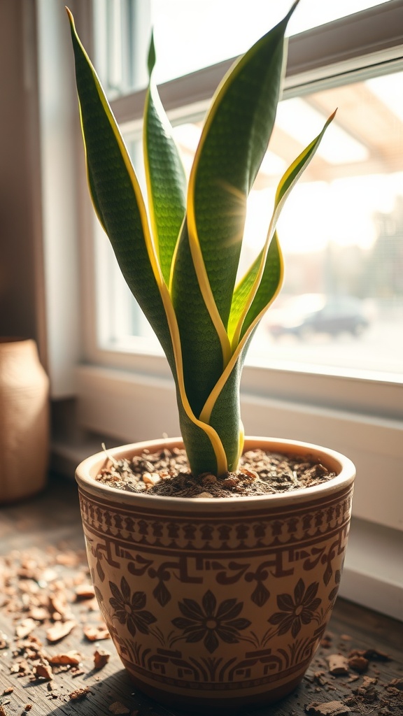 A healthy Snake Plant in a decorative pot, positioned by a sunny window.