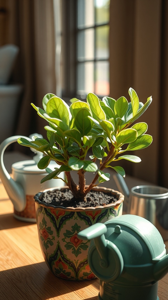 Healthy Jade plant with lush green leaves in a decorative pot, with watering cans in the background.