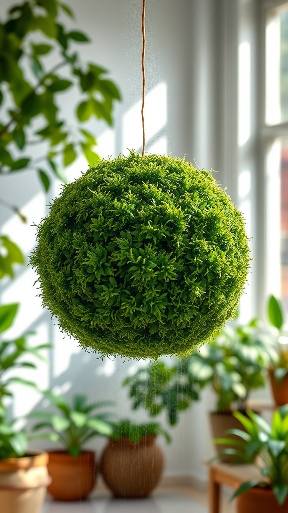 A hanging green moss ball in a bright room surrounded by plants.