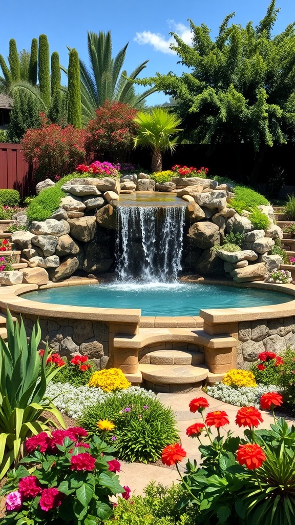 A beautifully landscaped above ground pool featuring a waterfall surrounded by vibrant flowers and greenery.