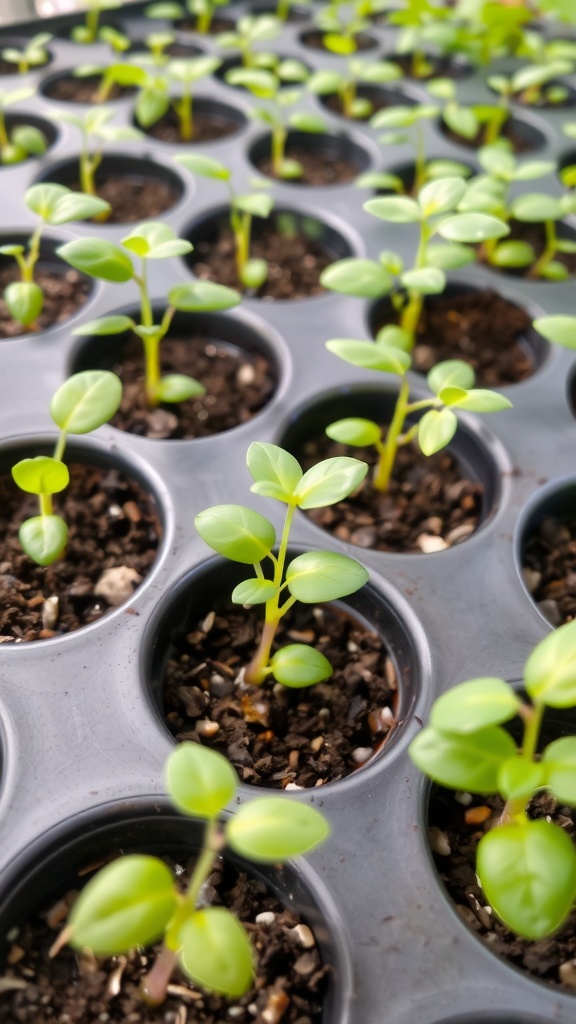 A person using a spray bottle to mist seedlings in a planting tray.