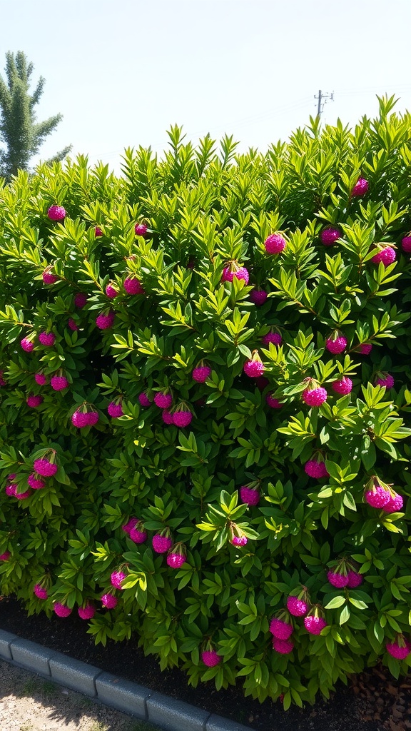 A lush green Wax Myrtle shrub with purple berries, ideal for privacy hedges.