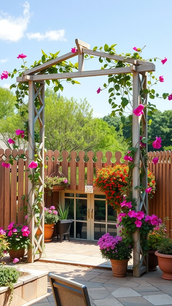 A wooden garden trellis adorned with pink flowers and surrounded by colorful planters on a sunny day.