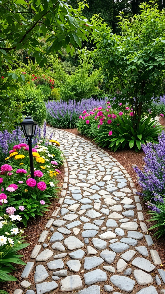 A winding pebble pathway surrounded by vibrant flowers in a lush garden.