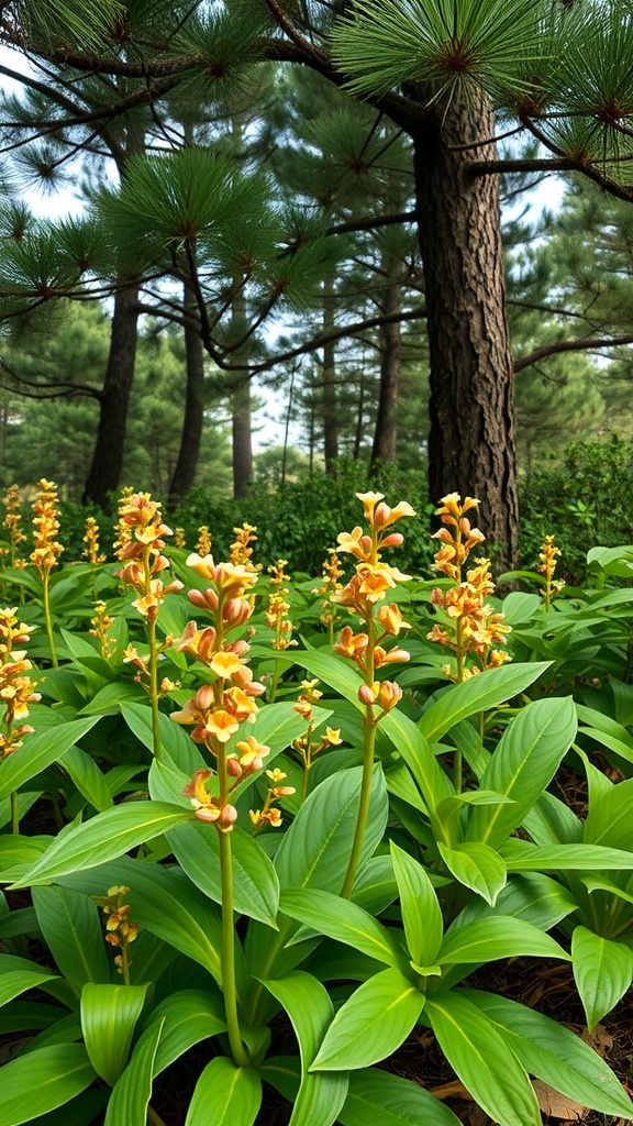 Wild ginger plants with yellow flowers growing beneath tall pine trees