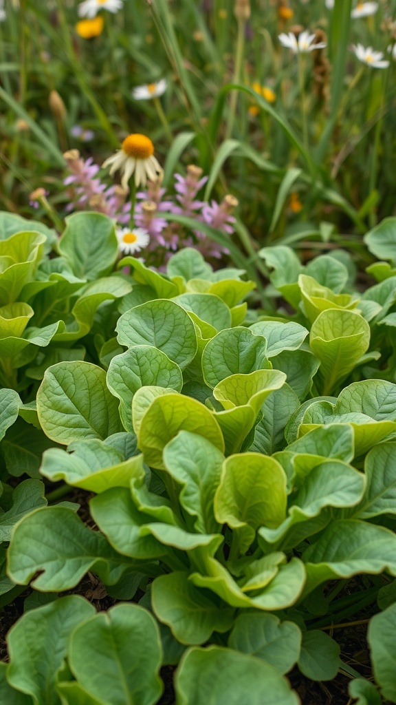 Lush wild lettuce growing among wildflowers in a garden