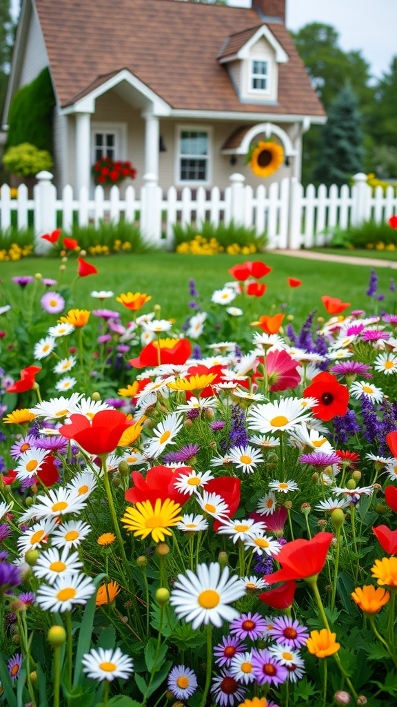 Colorful wildflower bed in front of a house with a white picket fence.