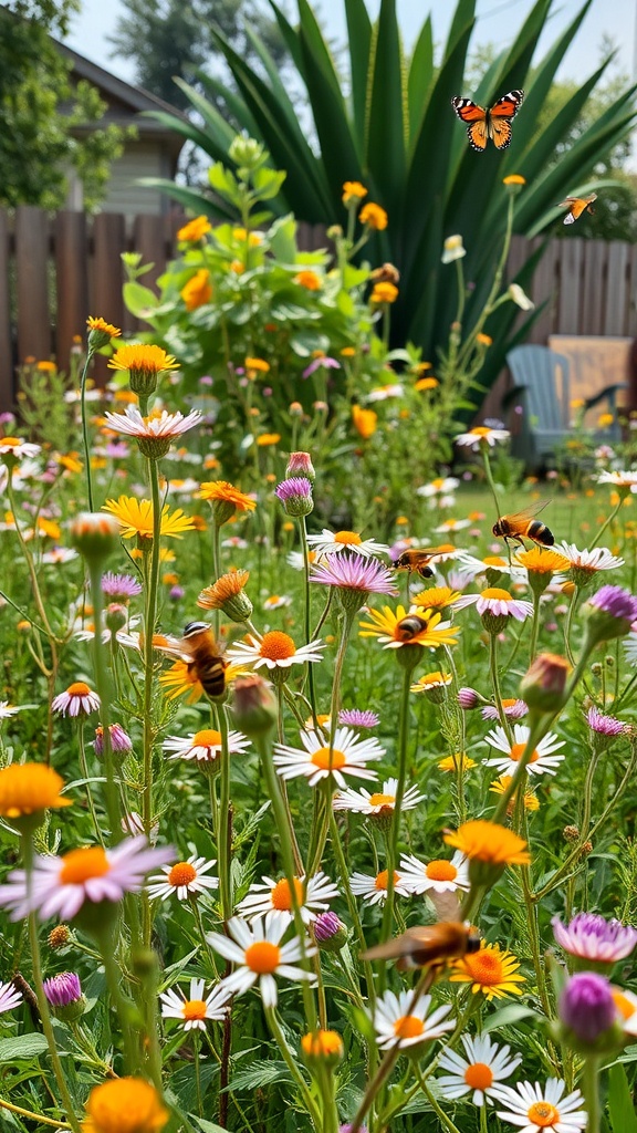 A beautiful wildflower meadow with daisies, colorful flowers, and butterflies in a backyard