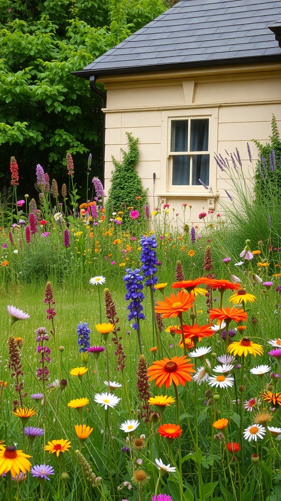 A vibrant wildflower meadow filled with various colorful flowers, creating a cheerful and lively scene.