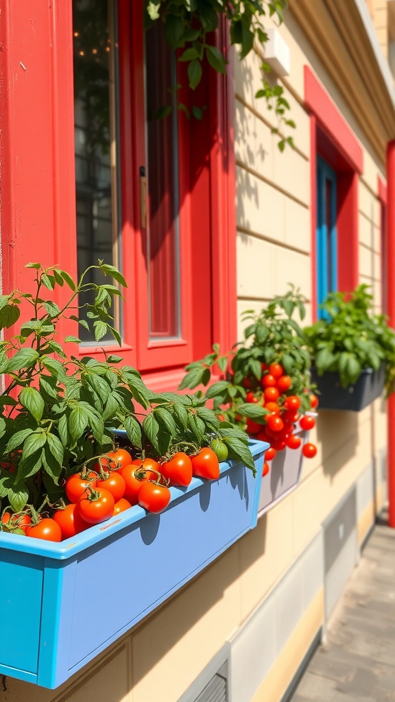 Colorful window boxes filled with tomato plants