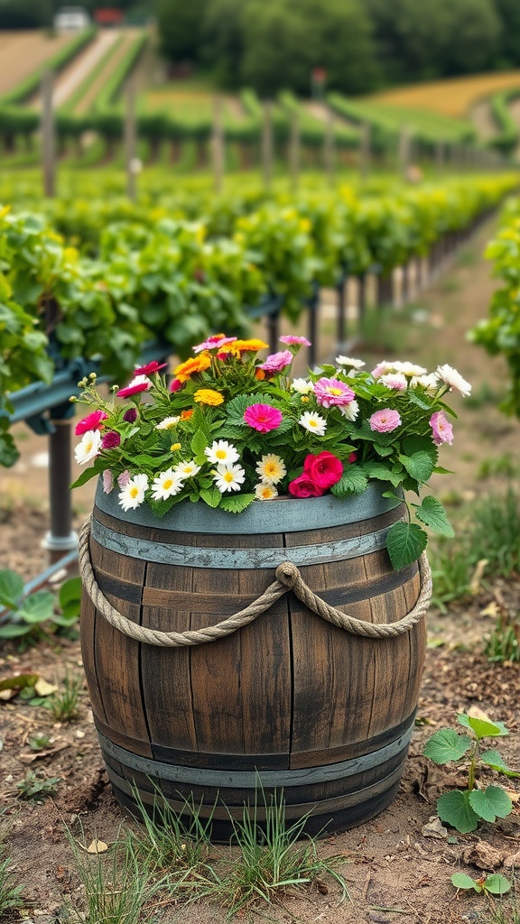 A rustic wine barrel planter filled with colorful flowers, set against a vineyard background.