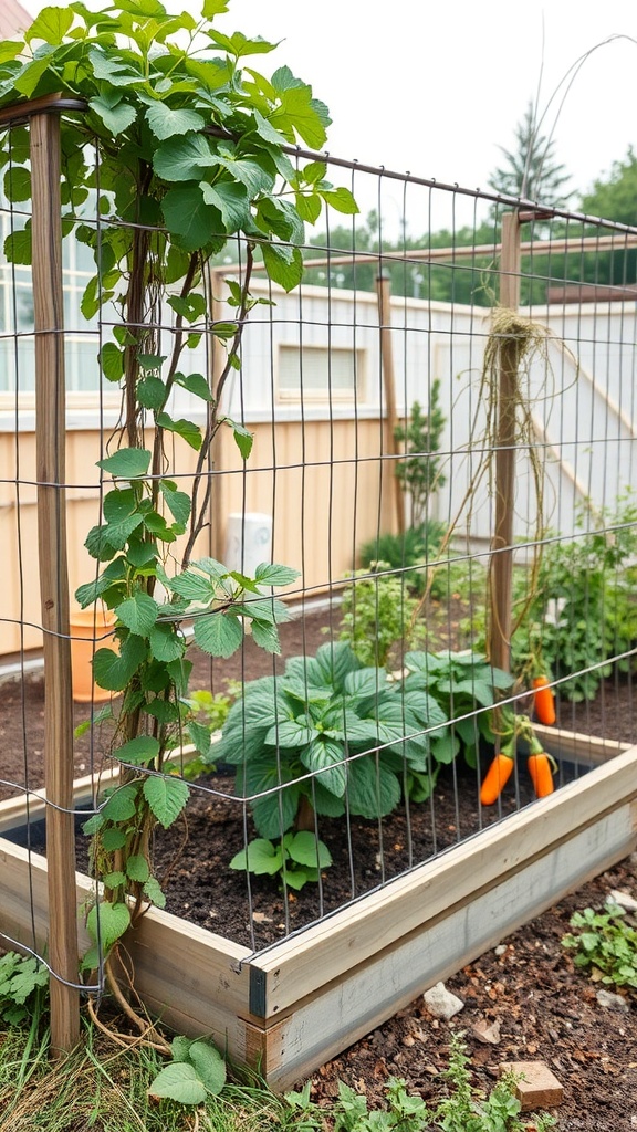 A raised garden bed with wooden frame and wire fencing, featuring climbing plants and vegetables.