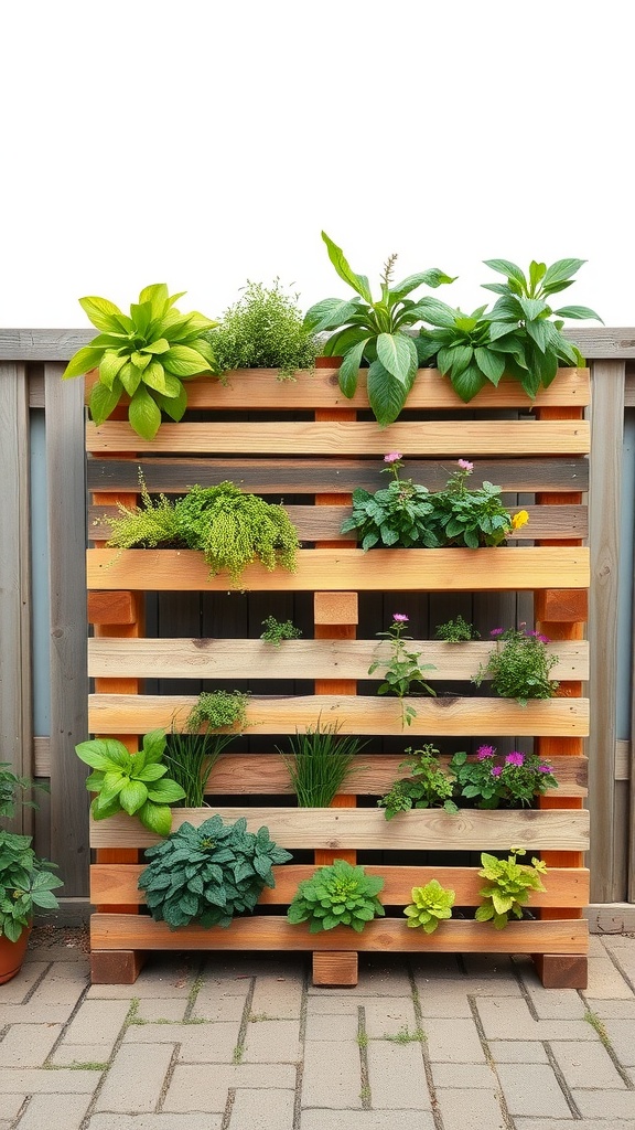 A vertical garden made from a wooden pallet, featuring various plants arranged in a colorful and organized manner.