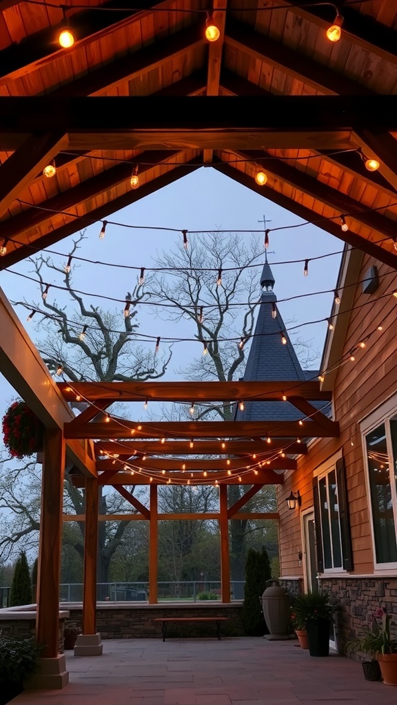 A cozy wooden beam patio structure with string lights, creating a warm atmosphere.