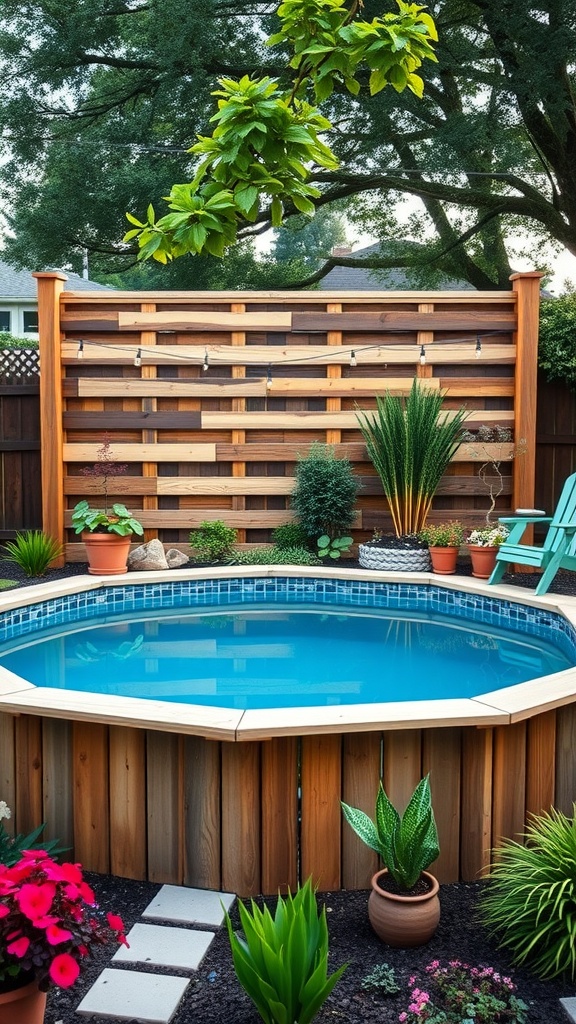 A backyard pool area with a wooden pallet privacy screen, surrounded by greenery and flowers.