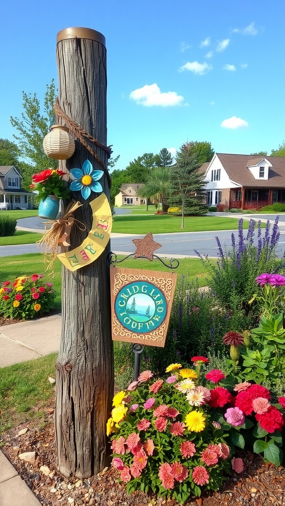 A rustic wooden mailbox post surrounded by colorful flowers and decorations, creating a charming outdoor decor.