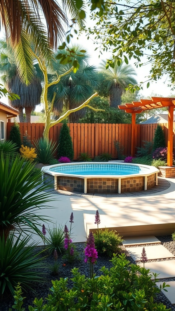 Beautifully landscaped outdoor pool area featuring wooden privacy slats for seclusion.