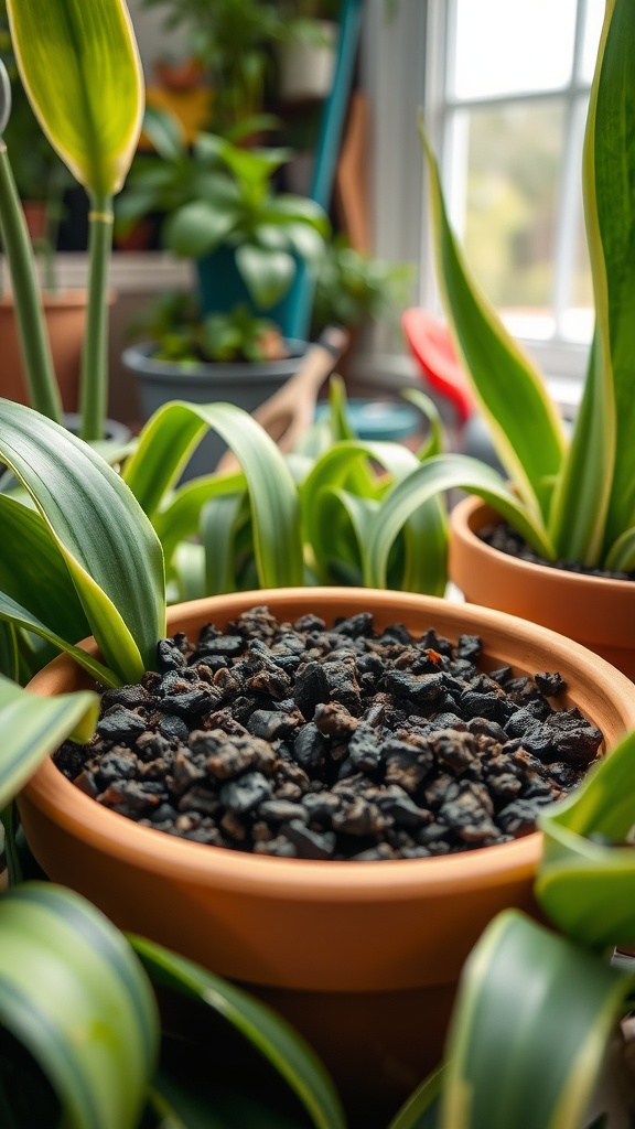 Potted snake plants with a layer of worm castings in a sunny window