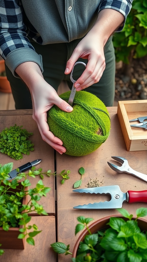 A person wrapping a moss ball with moss, showcasing plant crafts tools and greenery on a wooden table.