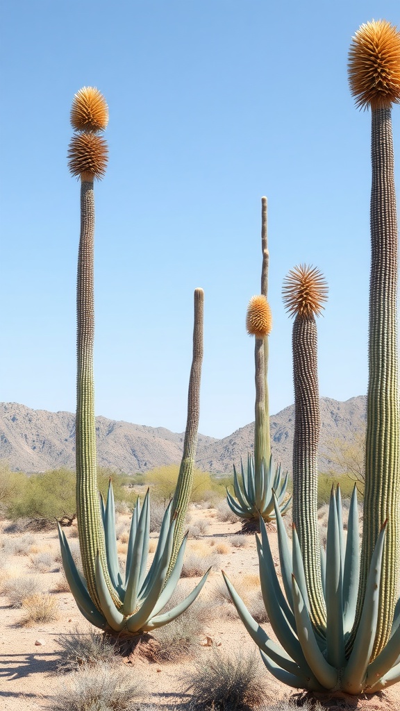 Tall Yucca filamentosa plants with spiky blooms against a clear blue sky.