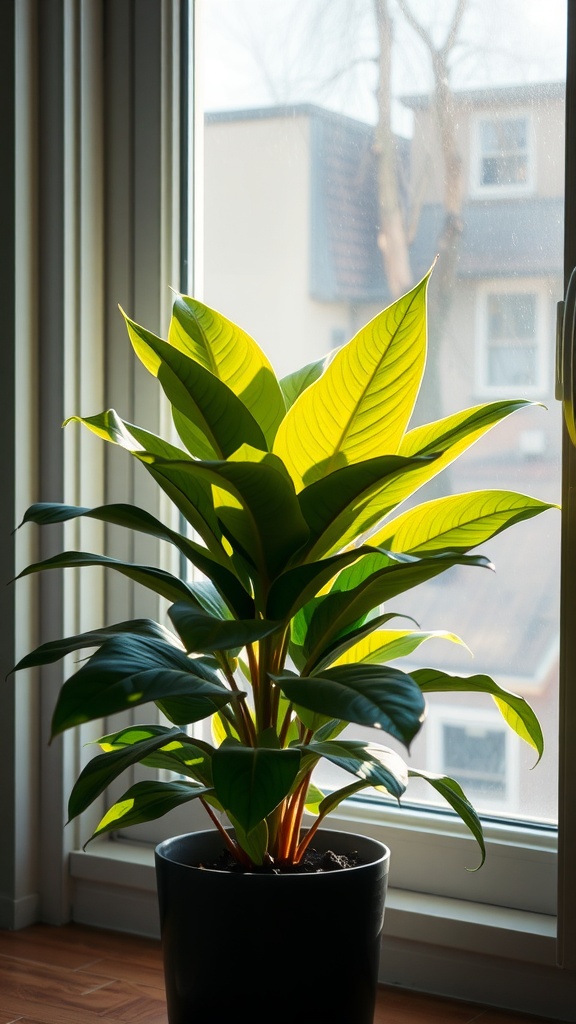 A vibrant Zamioculcas zamiifolia plant in a pot, illuminated by morning sunlight from an east-facing window.