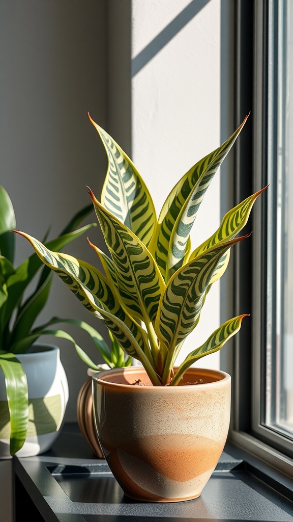 A Zebra Plant with striking striped leaves in a decorative pot, placed on a windowsill