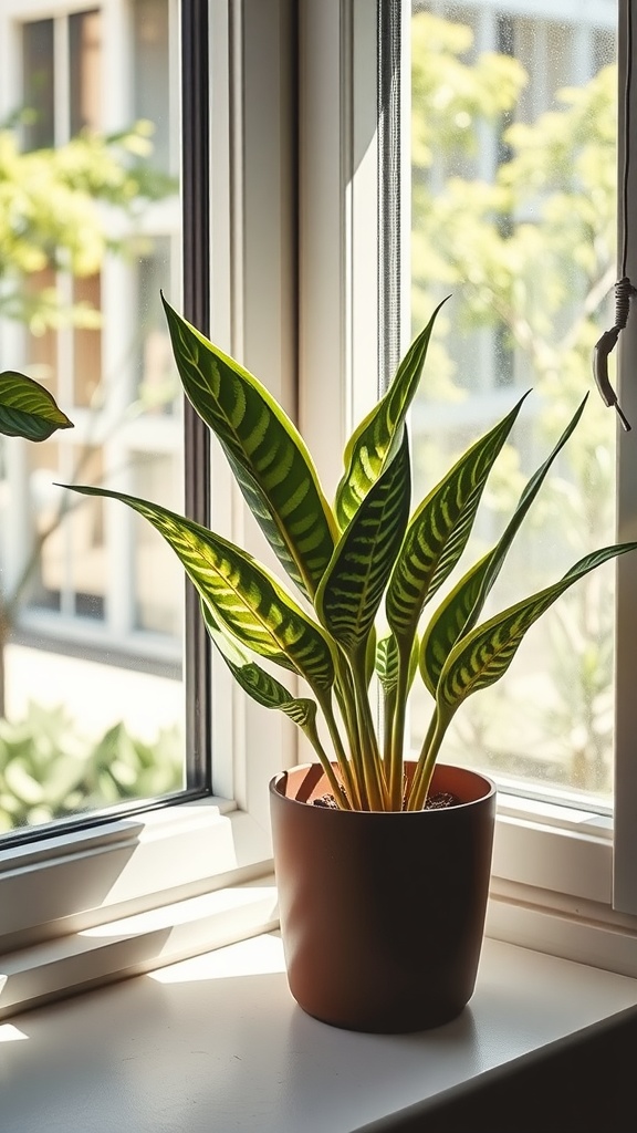 A Zebra Plant with striking green foliage in a pot, placed on the windowsill