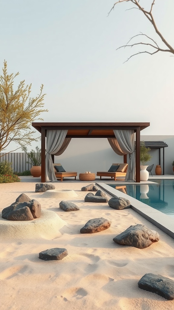 A serene Zen garden cabana with chairs and a pool