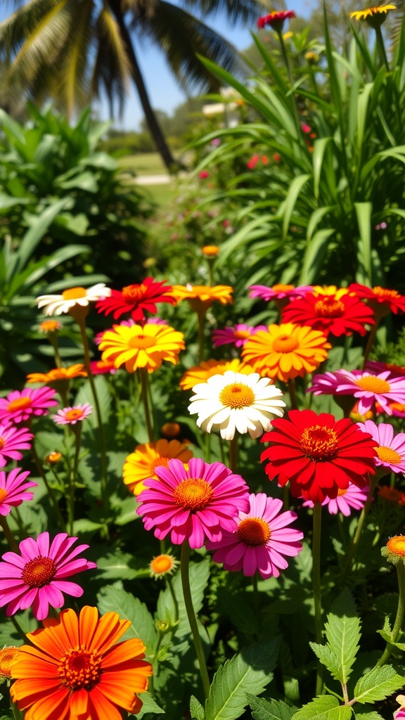 A colorful display of zinnia flowers in vibrant shades of red, pink, orange, and yellow, surrounded by lush greenery.