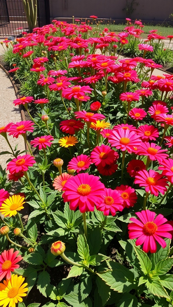 Bright pink and orange zinnias blooming in a garden