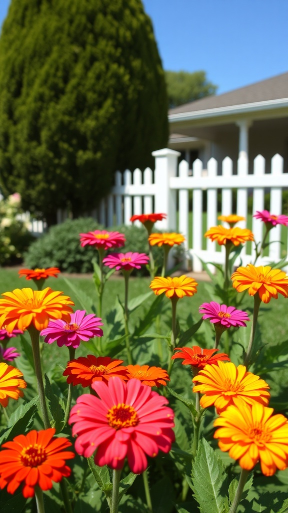 A garden with colorful zinnias in front of a white picket fence and a house.