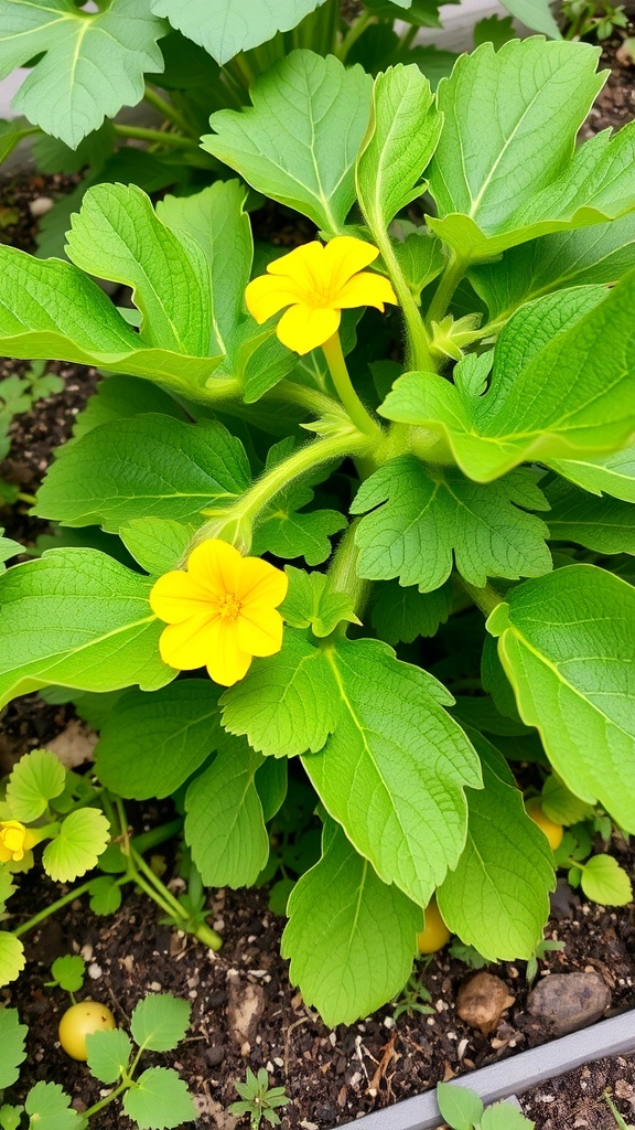 A close-up of a zucchini plant with yellow flowers and green leaves