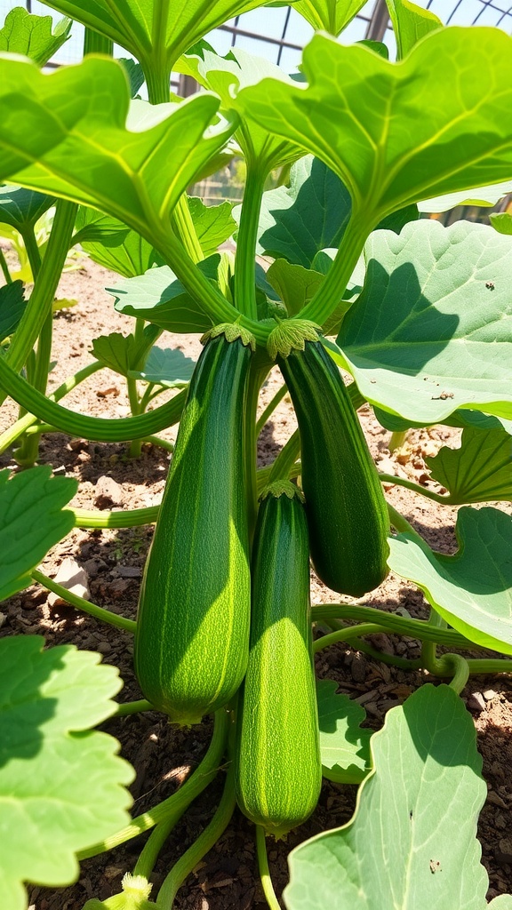 Zucchini plants with multiple zucchinis visible among large green leaves