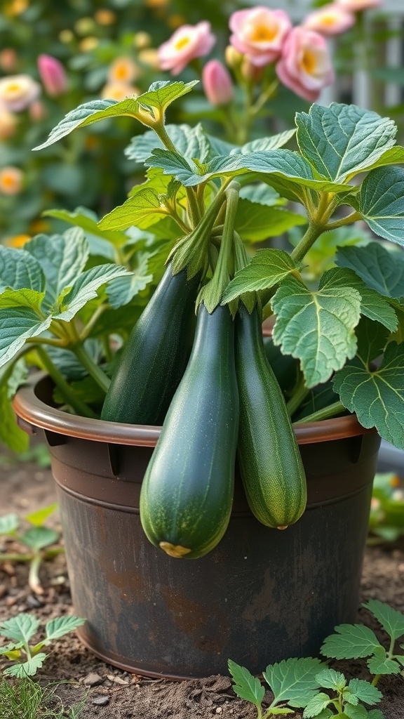 Healthy zucchini plants with three zucchinis in a container, surrounded by flowers.