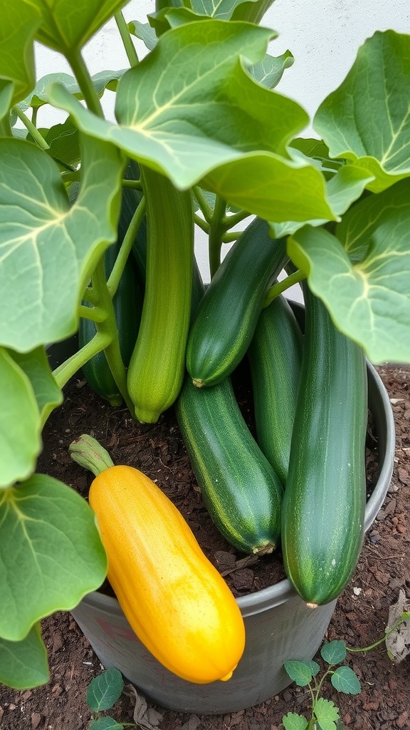 A 5 gallon bucket filled with zucchini plants, showcasing both green and yellow zucchinis among large green leaves.