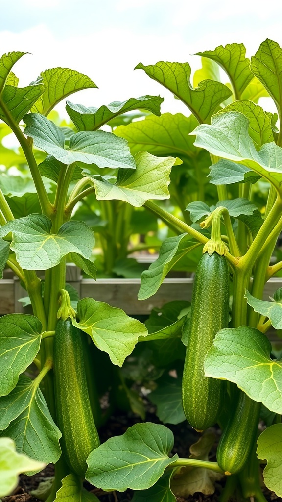 Lush green zucchini plants with ripe zucchinis growing in them