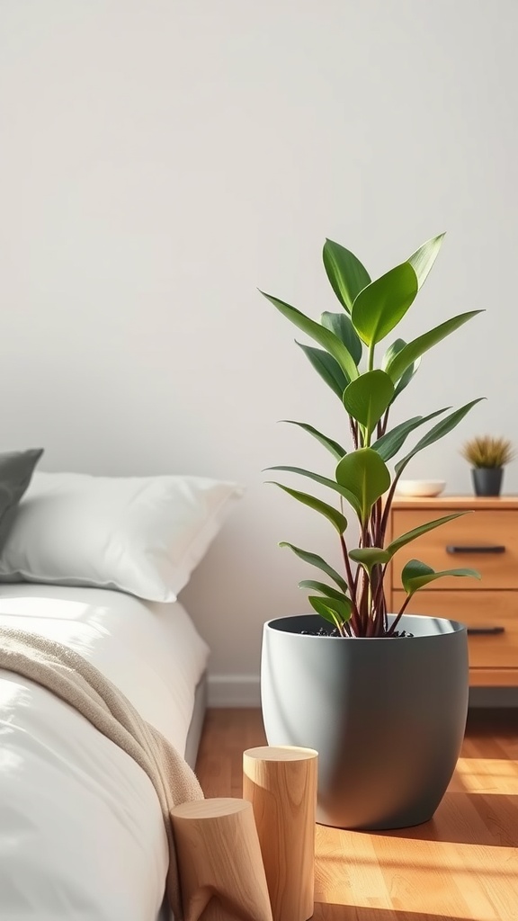 A ZZ plant in a modern pot placed next to a bed and a wooden nightstand.