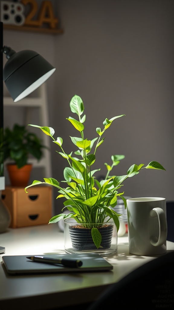 A ZZ plant on a desk with a lamp, notebook, and mug, showcasing its resilience and beauty in a low-light office setting.