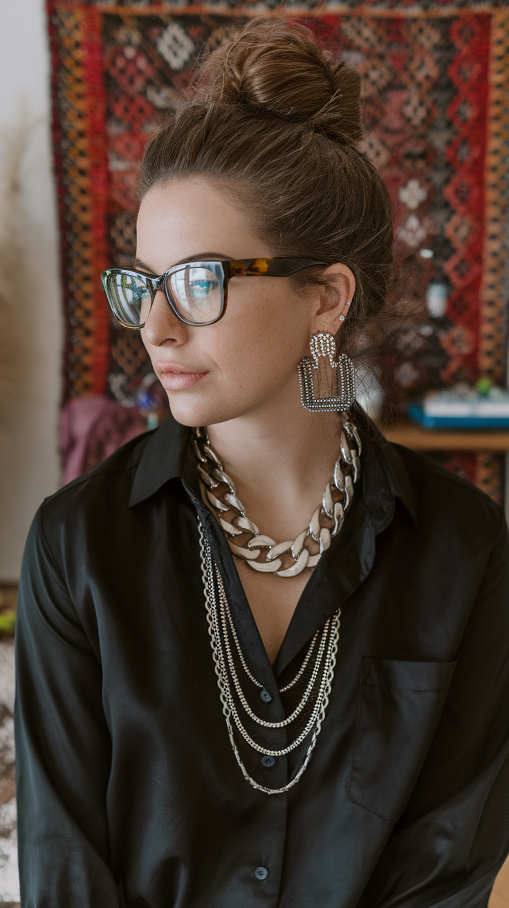 A person wearing bold statement jewelry including multiple chunky gold necklaces and large earrings, styled with a black shirt.