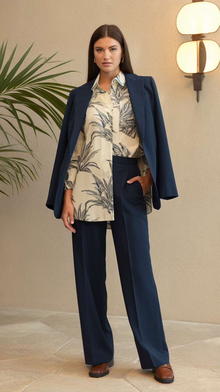 A model in a navy suit with a patterned blouse, standing confidently in a stylish office setting.