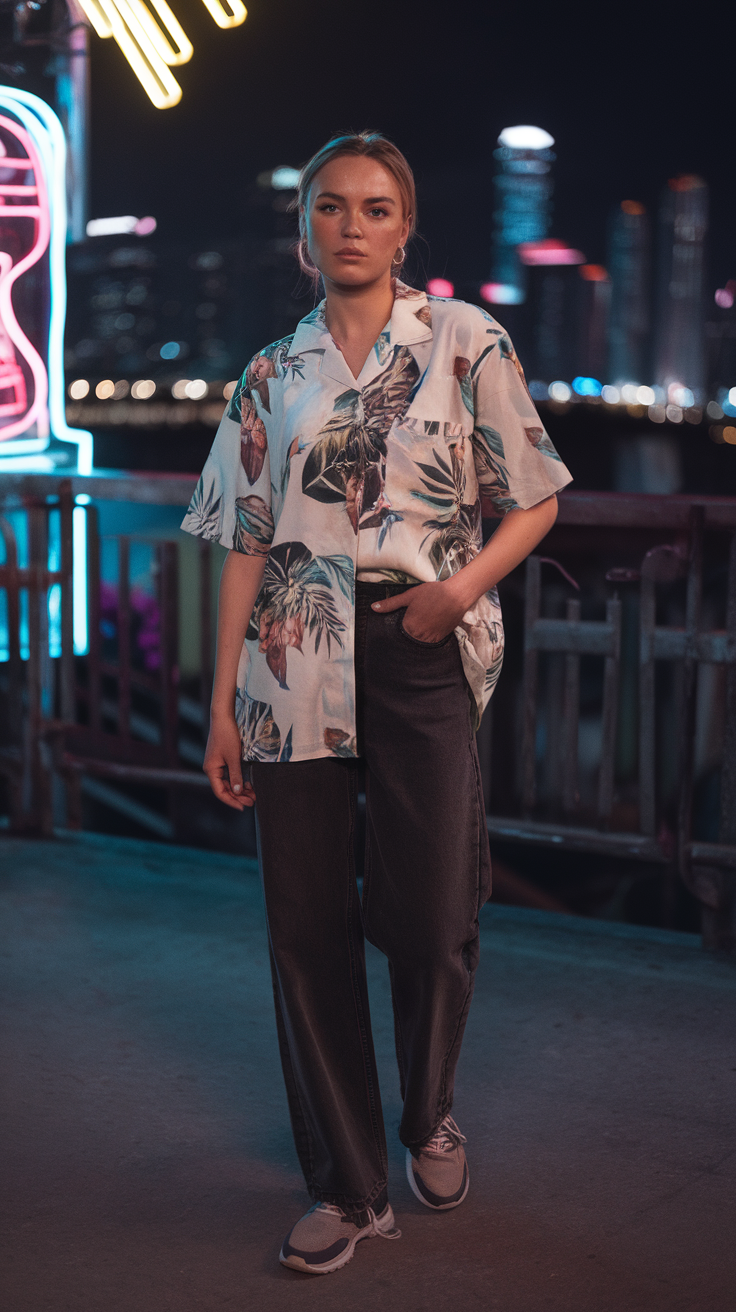 A person standing in front of neon lights at night, dressed in a colorful shirt and casual pants, with a city skyline in the background.