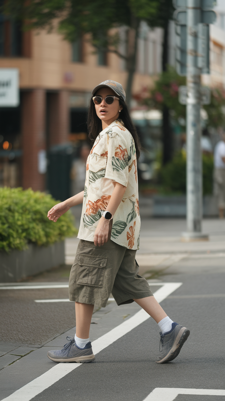 A person walking on a city street wearing a floral shirt, with street lights glowing in the background.